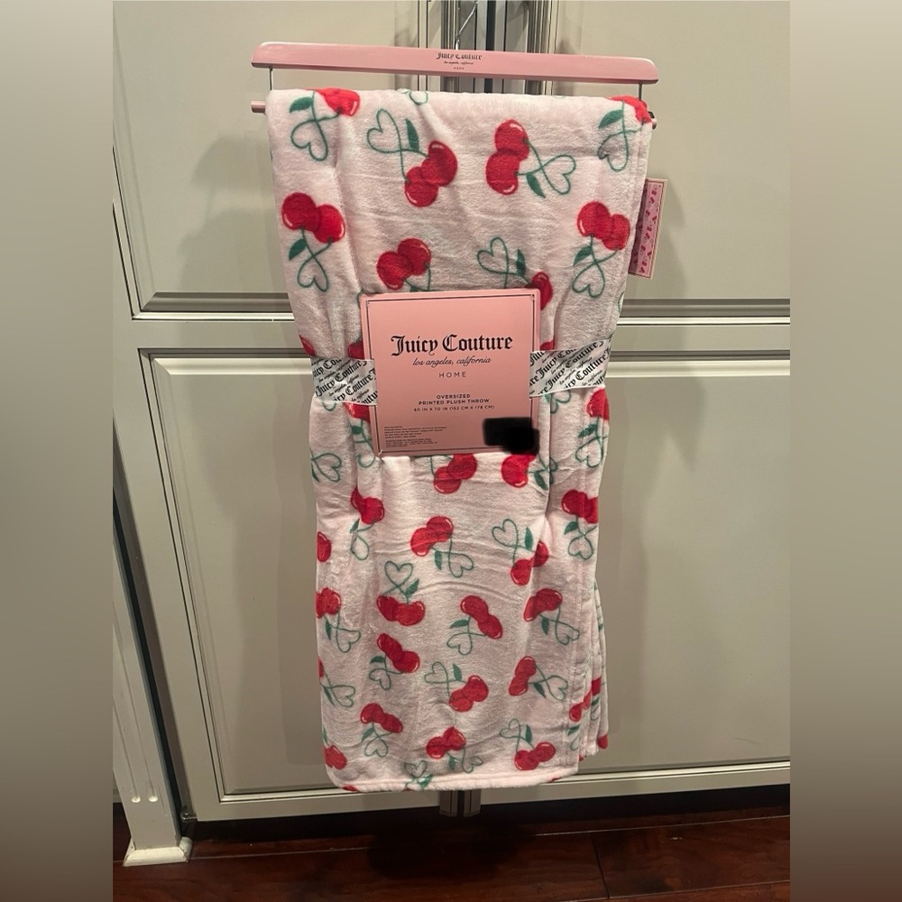 Juicy Couture Pink and Red Heart and Cherry Valentine’s Blanket Throw - Picture 1 of 3
